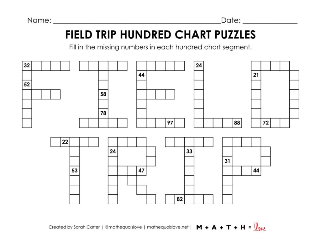 field trip hundred chart math puzzle worksheet.