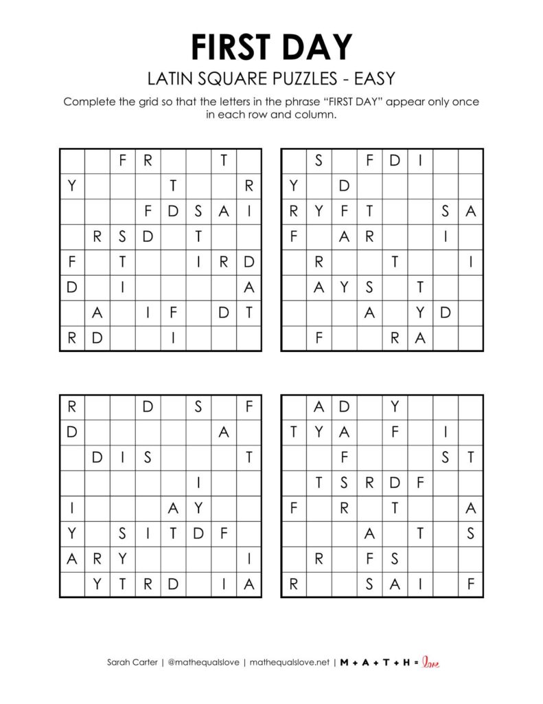 first day of school latin square puzzles level easy