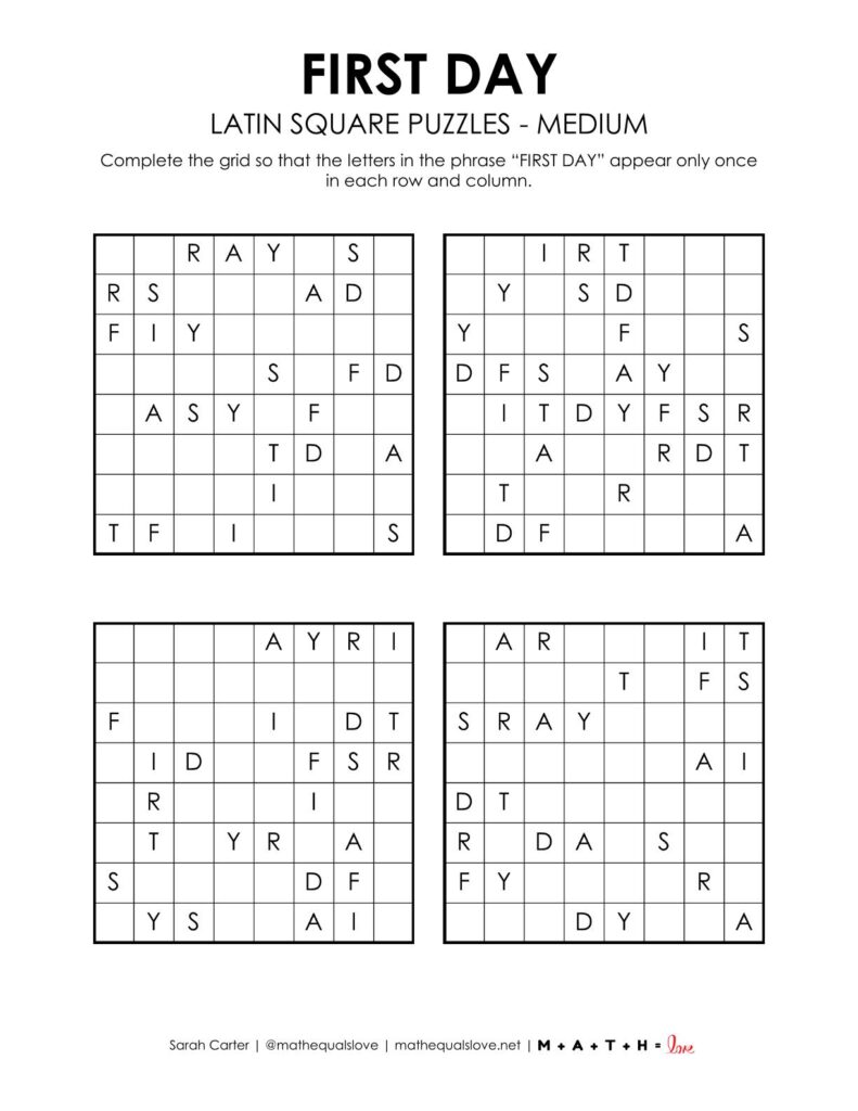 first day of school latin square puzzles level medium