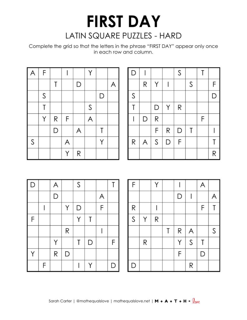 first day of school latin square puzzles level hard