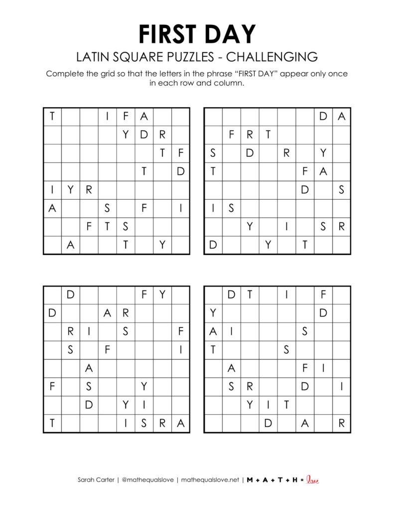 first day of school latin square puzzles level challenging
