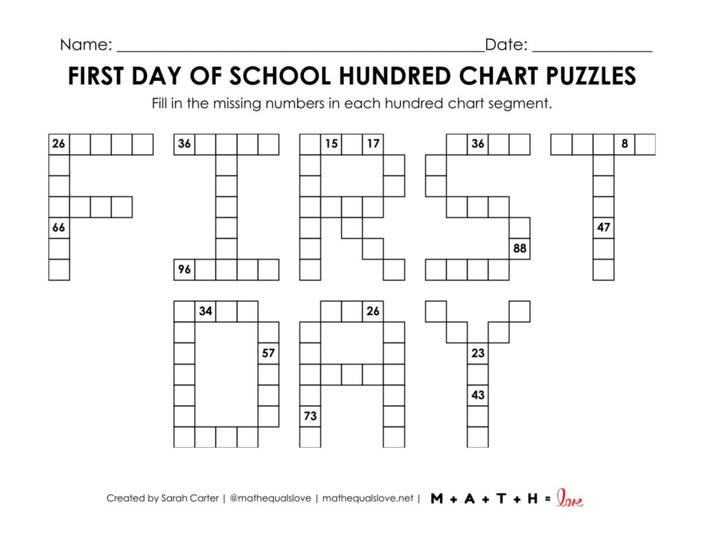 first day of school hundred chart puzzle worksheet.