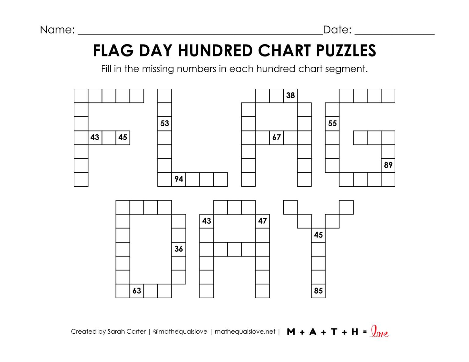 Flag Day Hundred Chart Puzzle Worksheet | Math = Love