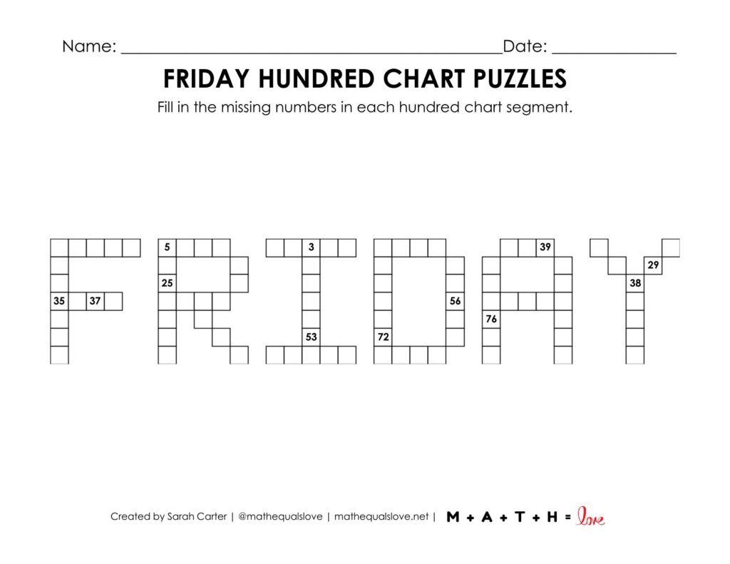 friday hundred chart math puzzle worksheet.