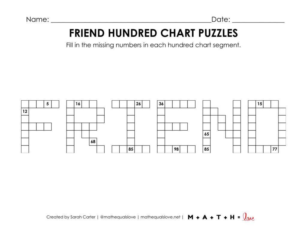 friend hundred chart math puzzle worksheet.