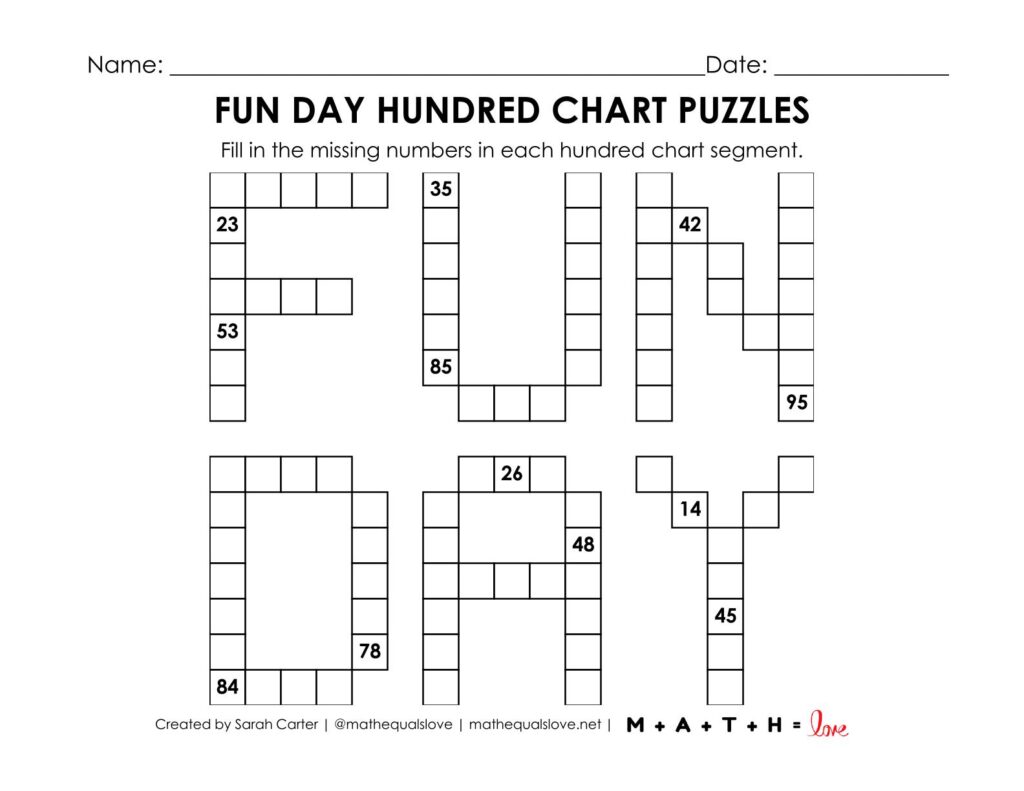 fun day hundred chart puzzle worksheet.