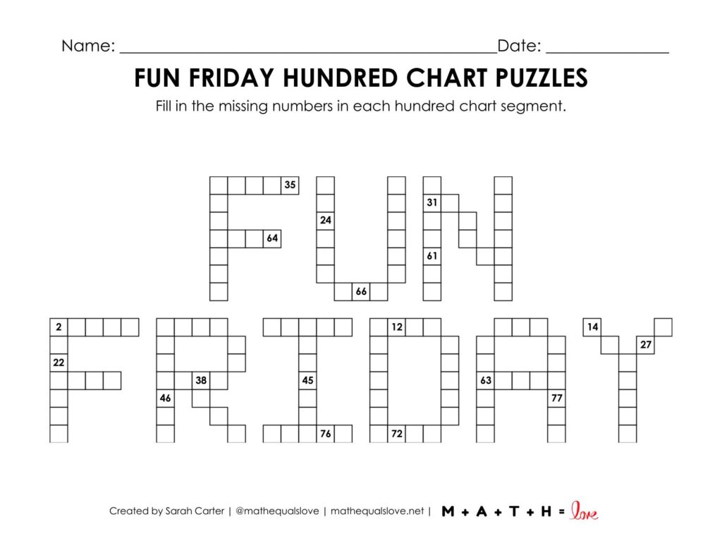 fun friday hundred chart puzzle worksheet.