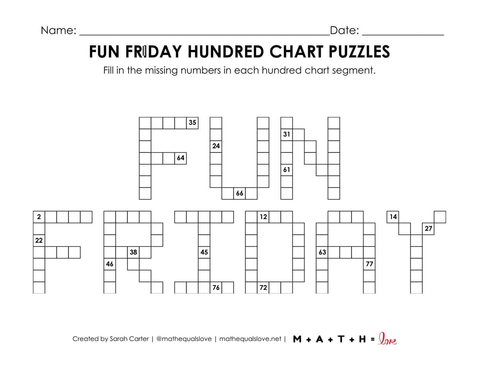 fun friday hundred chart puzzle worksheet.