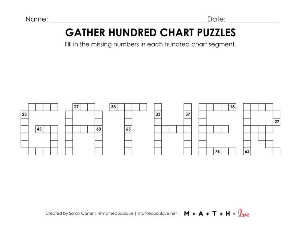 gather hundred chart puzzle worksheet for thanksgiving.