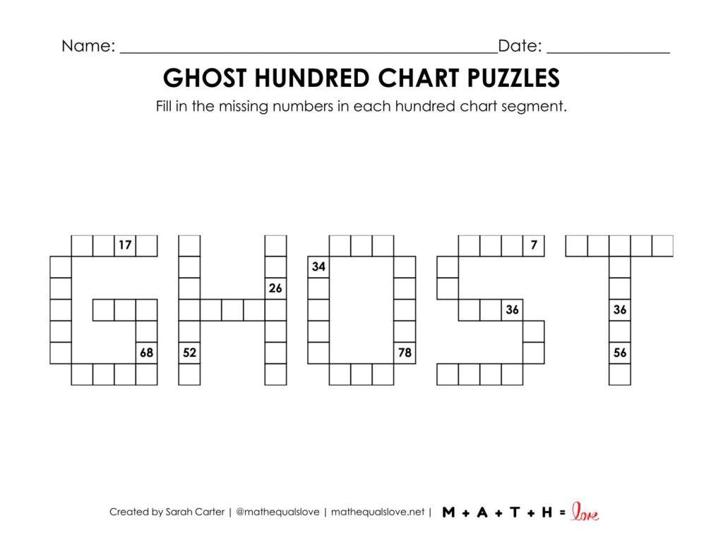 ghost hundred chart spooky halloween math puzzle worksheet.