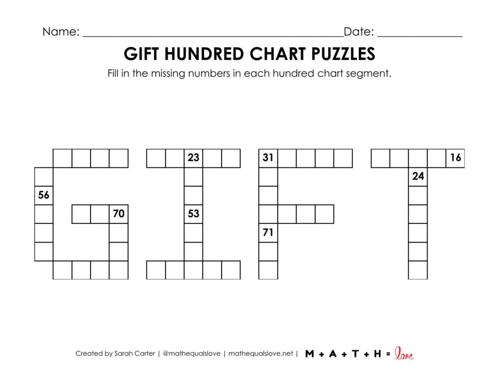gift hundred chart math puzzles.