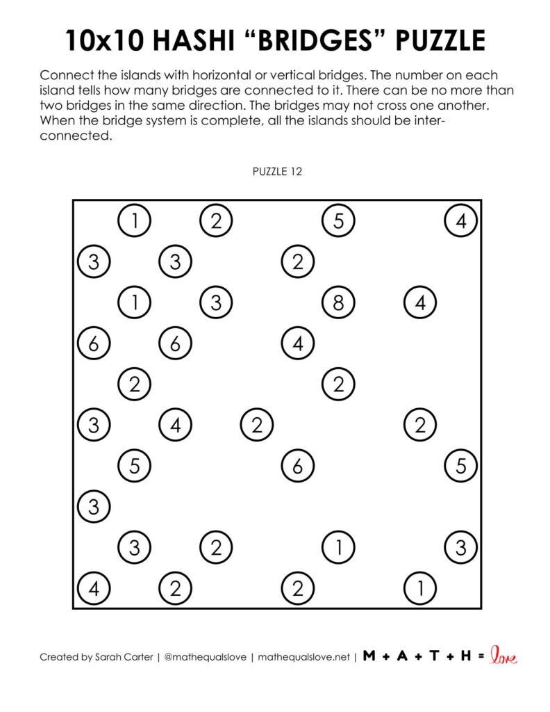 10x10 hashi logic puzzles pdf - 1 to a page version.