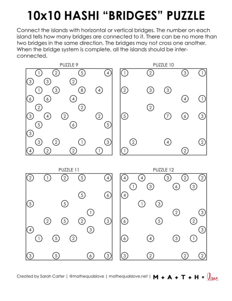 10x10 hashi logic puzzles pdf - 4 to a page version.