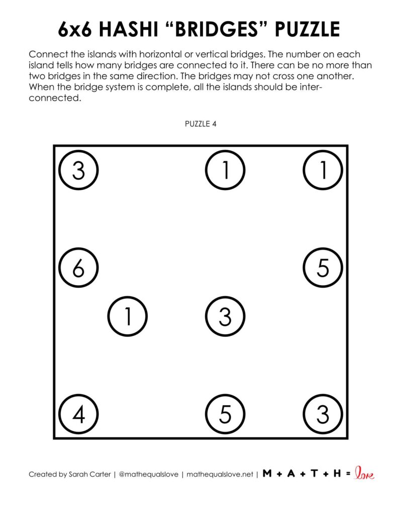 6x6 hashi logic puzzle pdf- 1 to a page.
