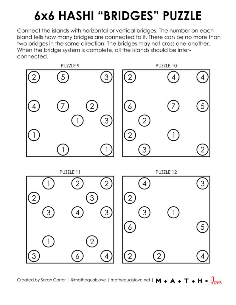 6x6 hashi logic puzzle - 4 to a page pdf.