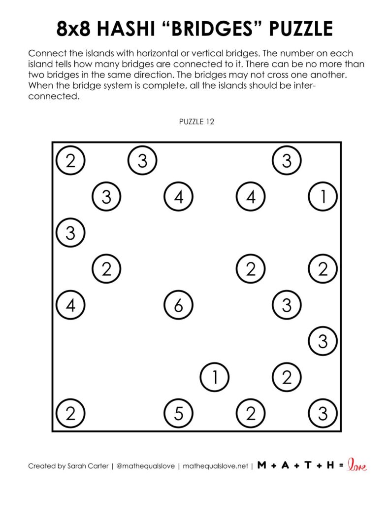 8x8 hashi logic puzzles - 1 to a page version.