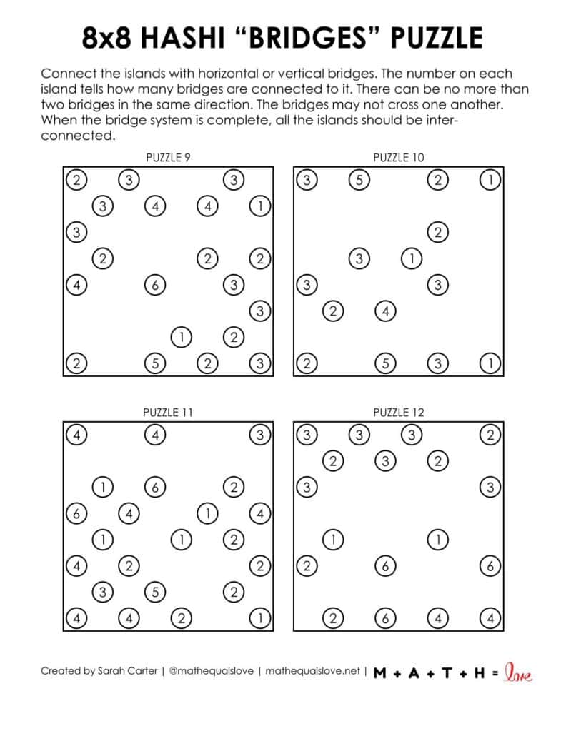 8x8 hashi logic puzzles 4 to a page printable.