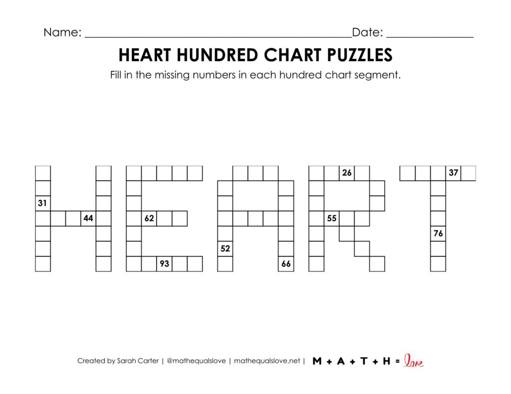 heart hundred chart puzzle for valentines day.