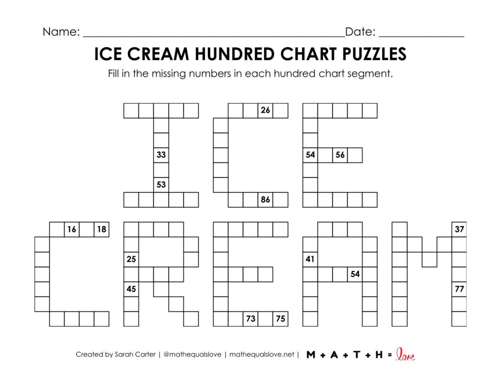 ice cream hundred chart math puzzle worksheet.