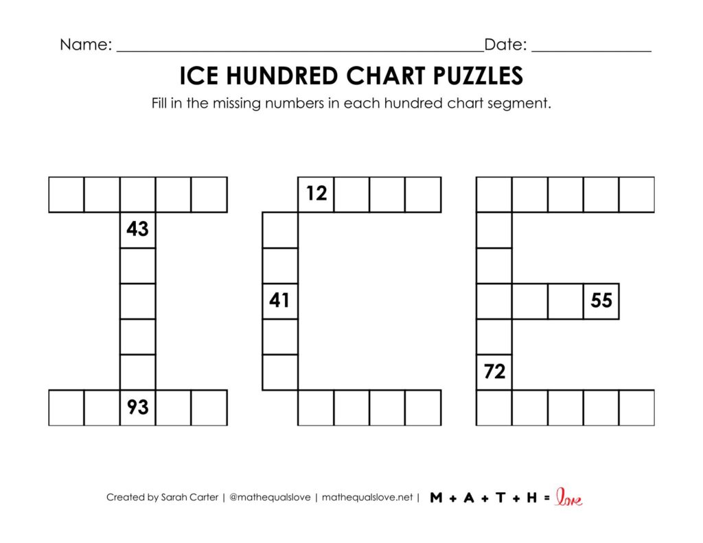 ice hundred chart math puzzle worksheet.