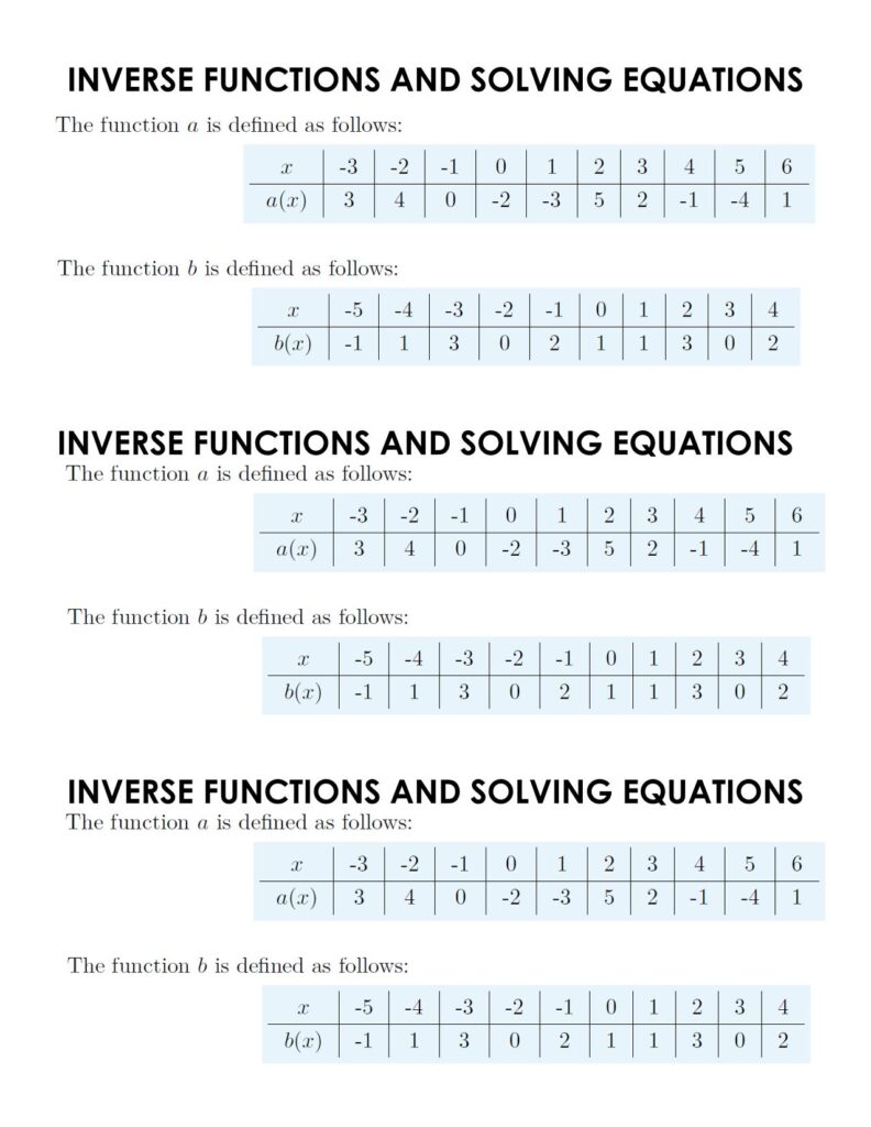 inverse functions four in a row activity - table reference chart
