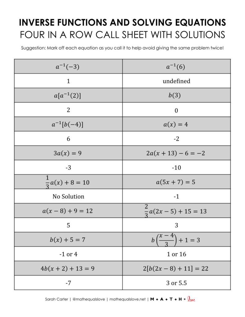inverse functions four in a row activity calling card