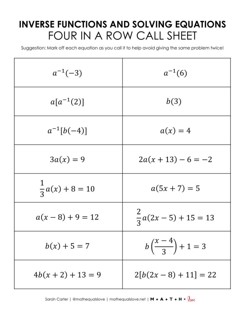 inverse functions four in a row activity questions