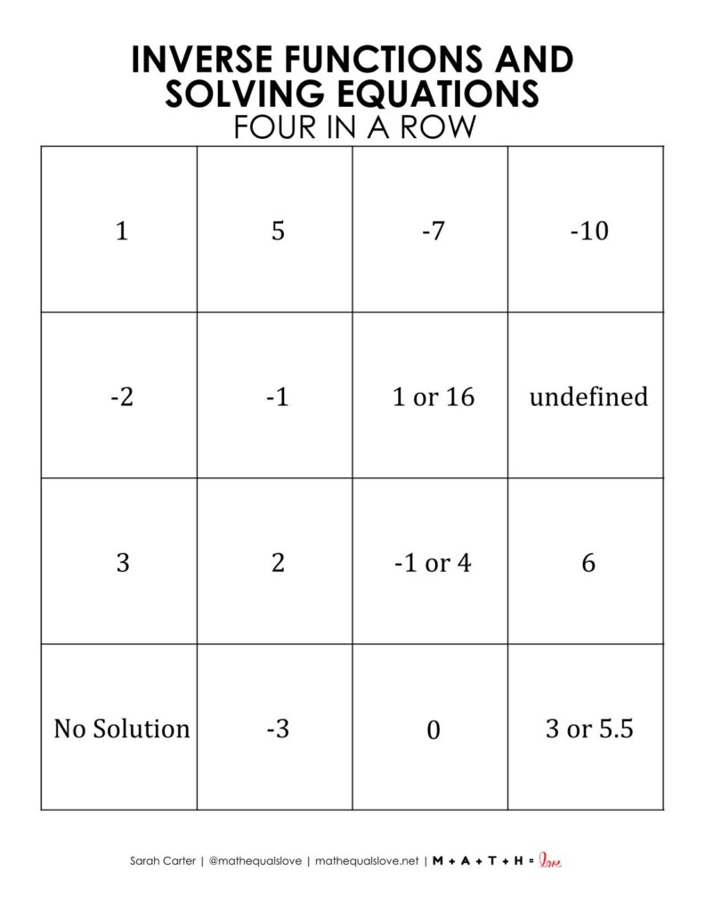 inverse functions four in a row activity card