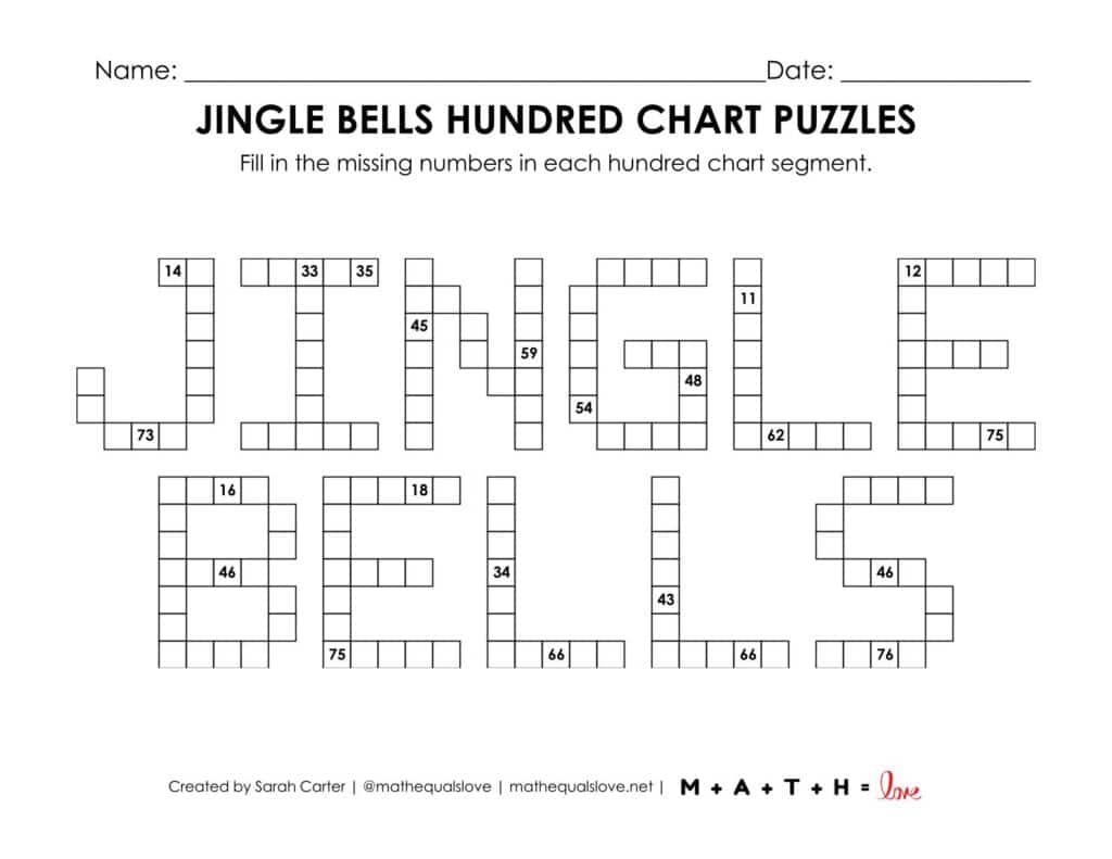 jingle bells hundred chart math puzzle worksheet.