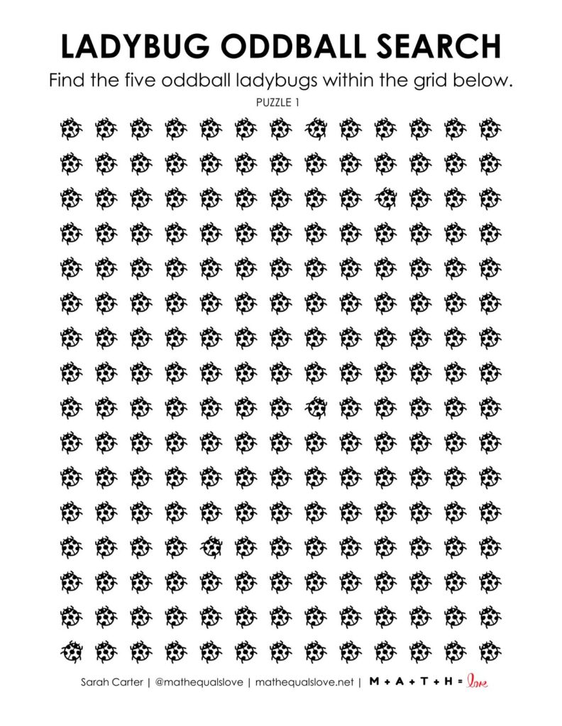 ladybug oddball search puzzle worksheet.