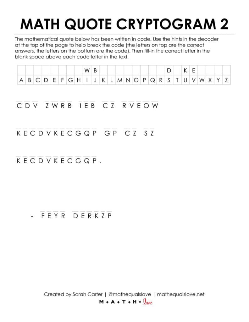 example of math quote cryptogram puzzle worksheet.
