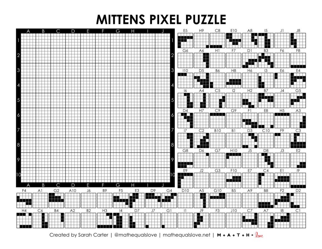 winter mittens pixel puzzle worksheet.