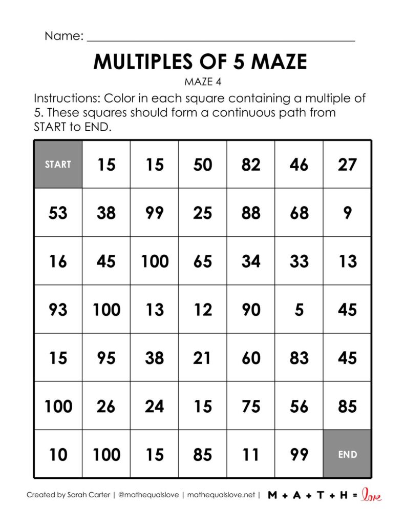 multiples of 5 math maze worksheet.