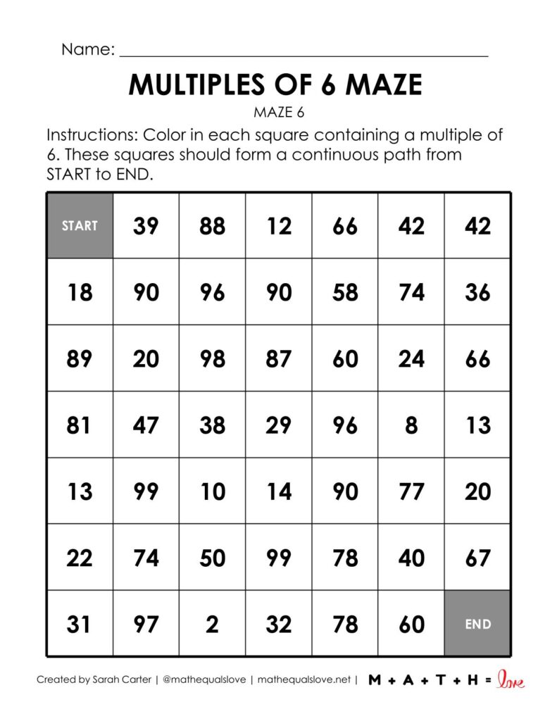 multiples of 6 math maze worksheet pdf.