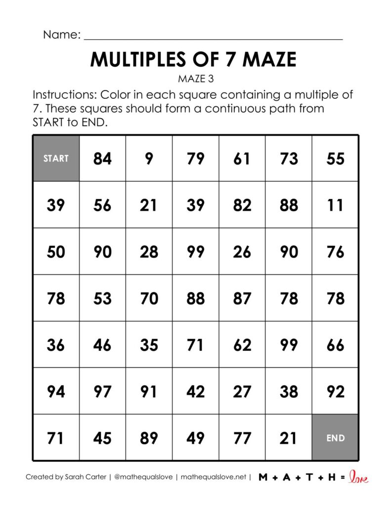 multiples of 7 math maze worksheet pdf.