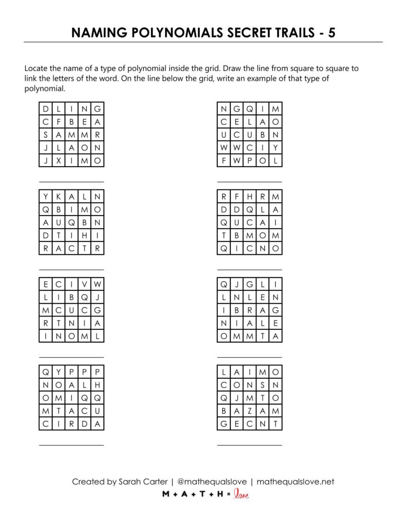 naming polynomials worksheet (secret trails style puzzle)