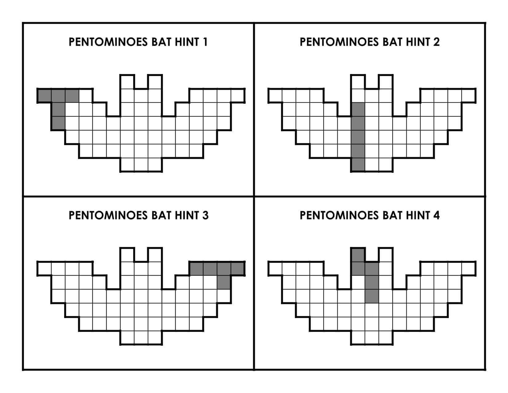 hint cards for pentomino bat puzzle.