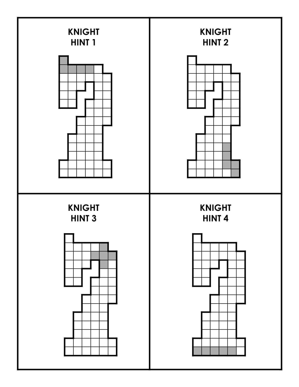 hint cards for chess knight pentomino puzzle.
