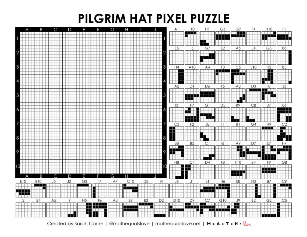 pilgrim hat pixel puzzle worksheet for thanksgiving.