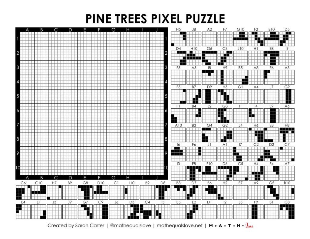 pine trees pixel puzzle worksheet.