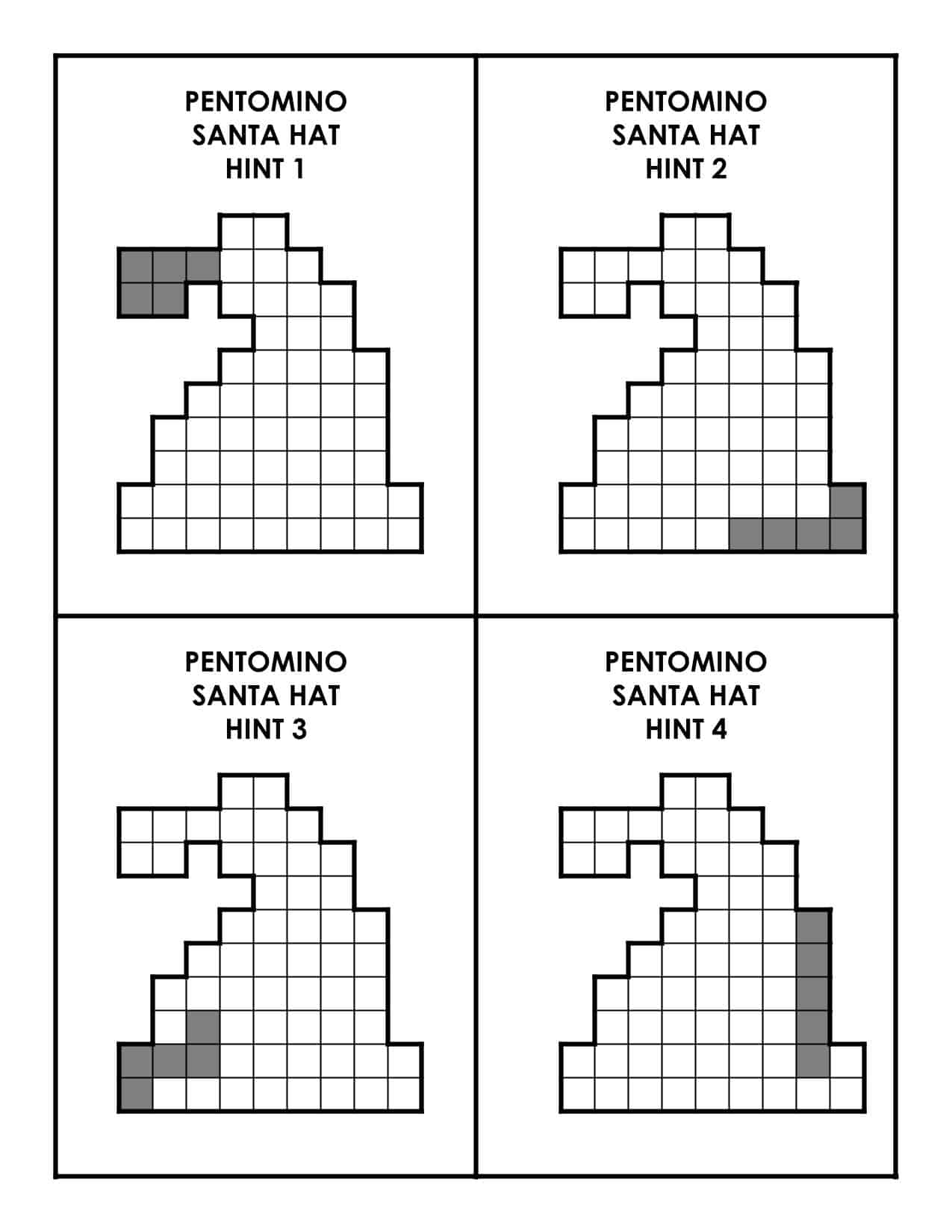 hint cards for santa hat pentominoes puzzle for christmas.
