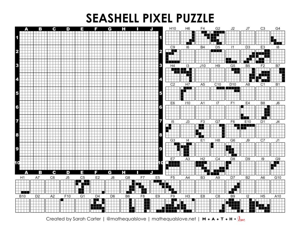 seashell pixel puzzle worksheet.