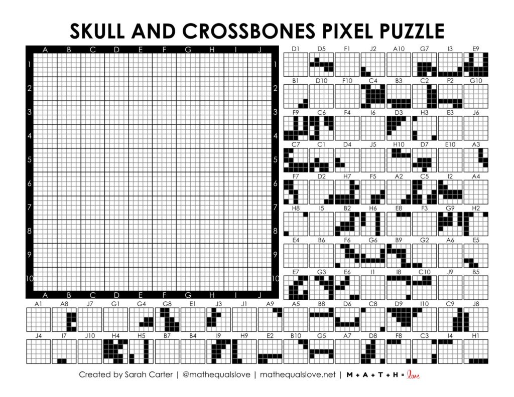 skull and crossbones pixel puzzle worksheet.