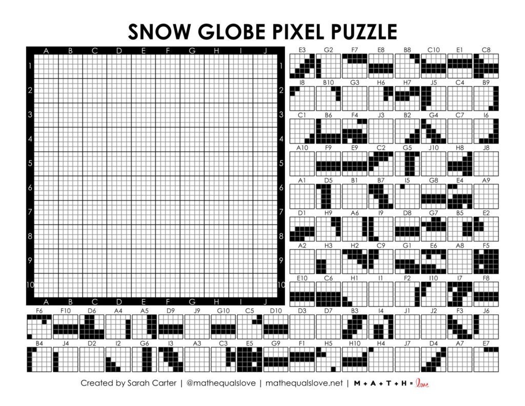 snow globe pixel puzzle worksheet for winter.
