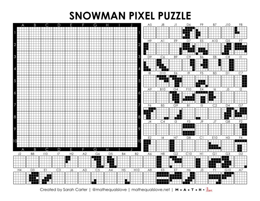 snowman pixel puzzle worksheet.