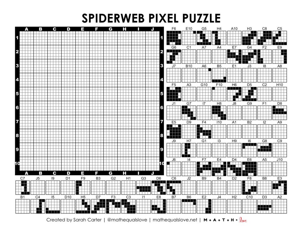 spiderweb pixel puzzle worksheet for halloween.