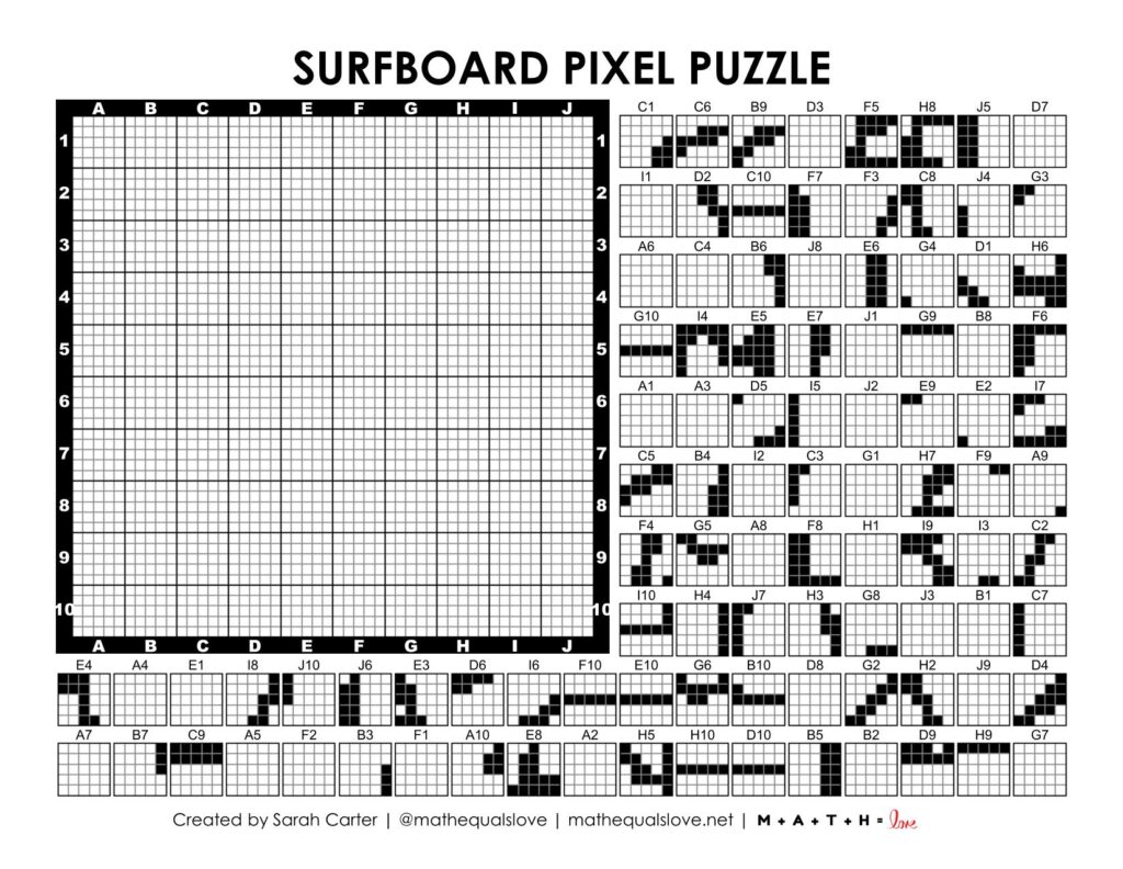 surfboard pixel puzzle worksheet.