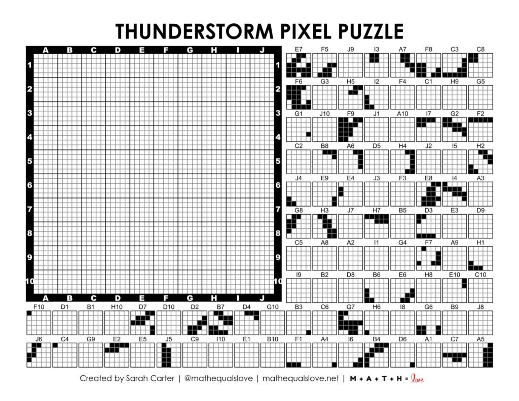 screenshot of thunderstorm pixel puzzle worksheet.