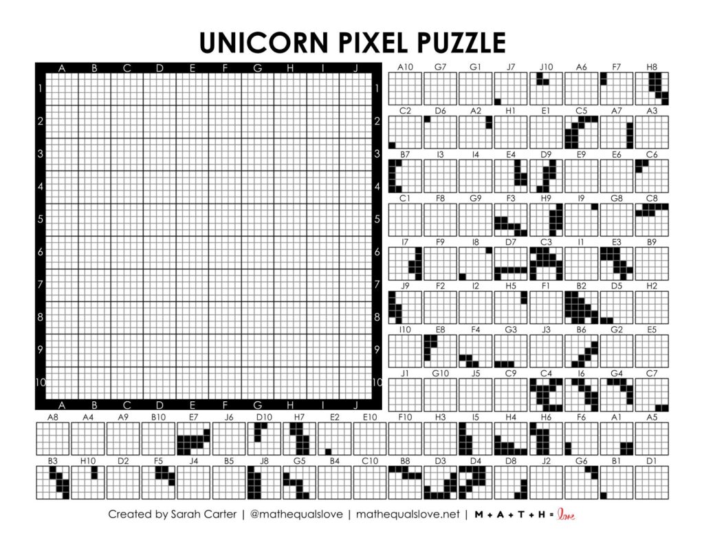 screenshot of unicorn pixel puzzle worksheet.