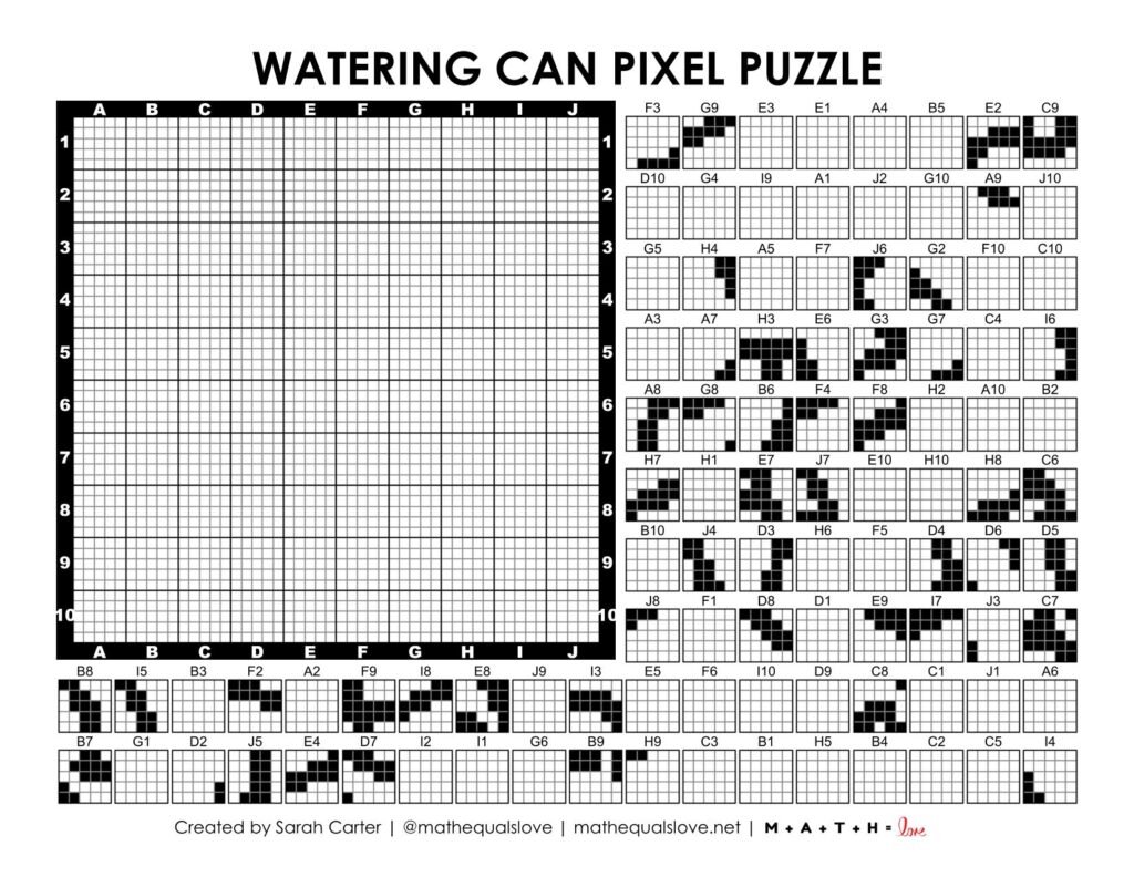 watering can pixel puzzle worksheet for spring.